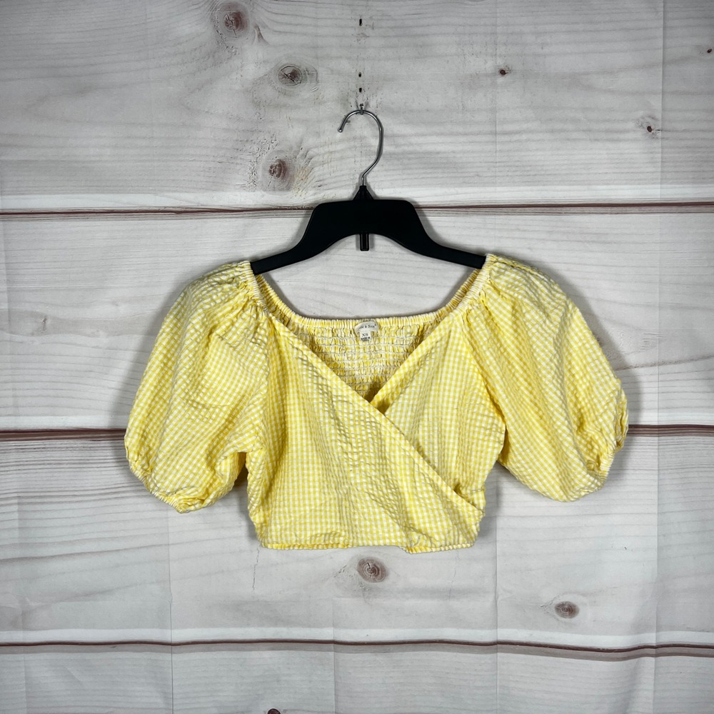 Sim & Sam Gingham Crop Top Womens XS Yellow Puff Sleeve Faux Wrap Cotton Smocked